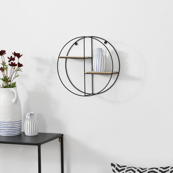 [en.casa] Etagère Murale Ronde Meuble de Rangement Métal et Bois Couleur Bois Nature et Noir 35 x 12 x 35 cm