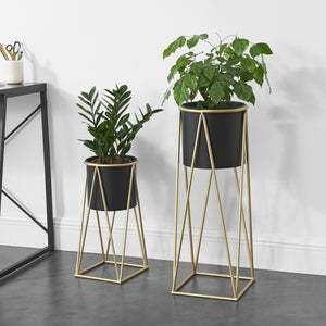 Bloempot op standaard set van 2 zwart en messing