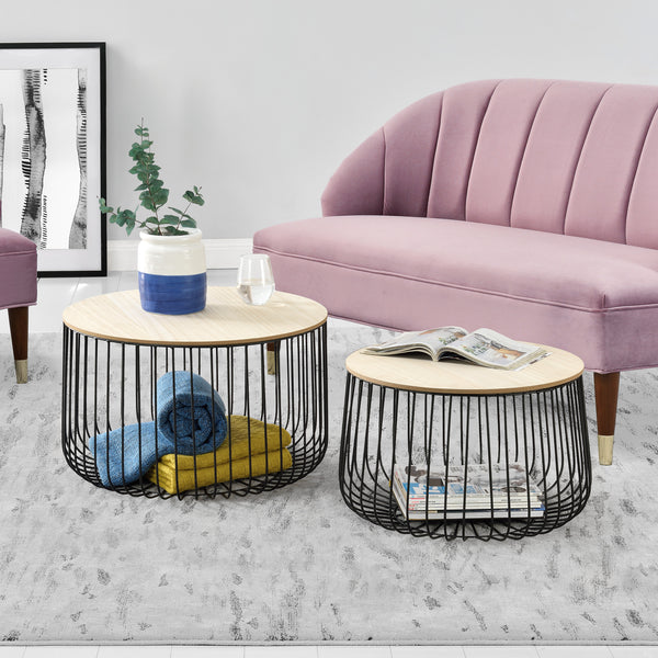 Lot de 2 Tables Basses Design Tables de Salon de Tailles Différentes Paniers à Plateaux Amovibles Métal MDF Noir Chêne Clair [en.casa]