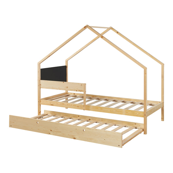 Kinderbed Sodankylä huisbed met onderschuifbed 90x200 cm naturel en zwart [en.casa]