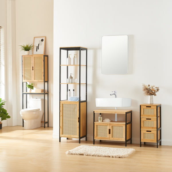 Commode Tervola ladekast 72x30x30 cm zwart naturel en rotan look [en.casa]