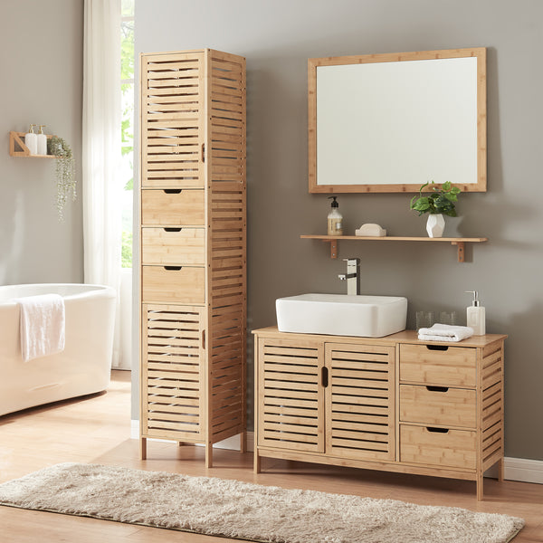 Wandspiegel Boksereys 80x60 cm met plank bamboe naturel [en.casa]