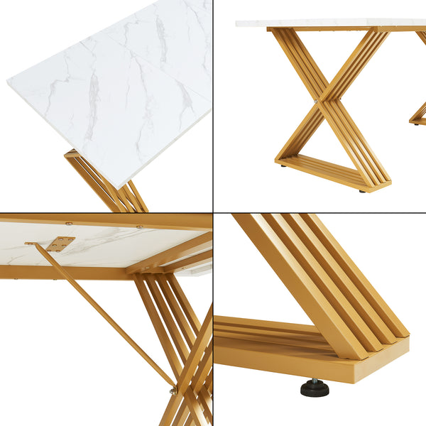 Table à manger Hujaari pour 6 personnes effet marbre blanc / doré [en.casa] 