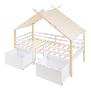Lit cabane Surnadal avec matelas à mousse froide bois de pin 90 x 200 cm naturel blanc beige [en.casa]