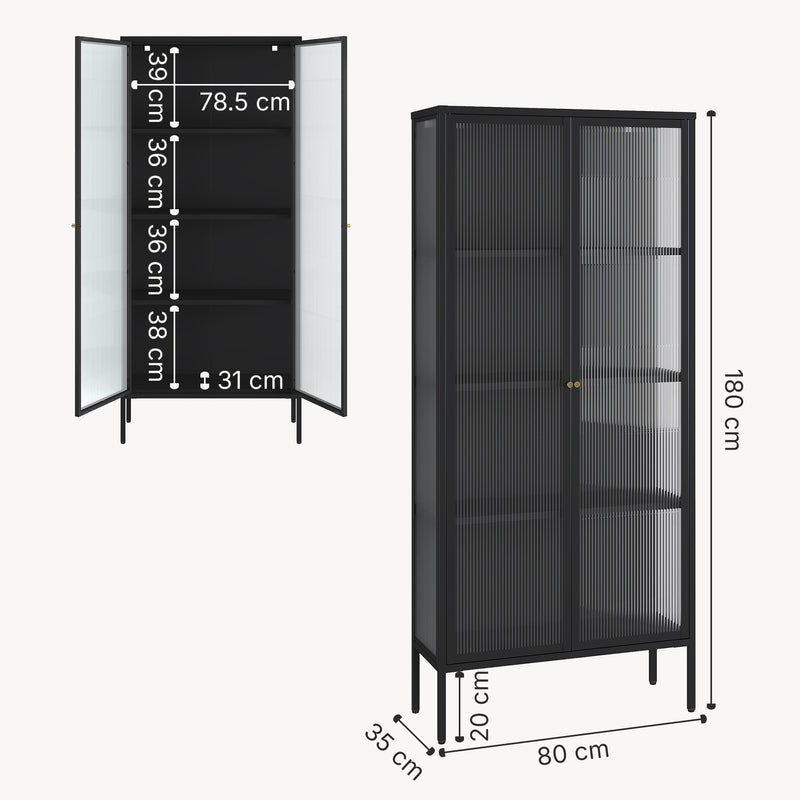 Croquis coté Buffet vitrine Vinterhavn acier verre trempé rainuré [en.casa]