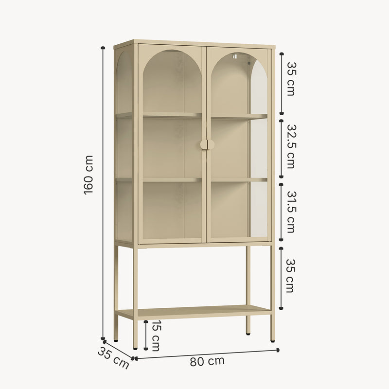 Croquis coté Armoire vitrine Klippestad acier verre trempé 160 x 80 x 35 cm camel [en.casa]
