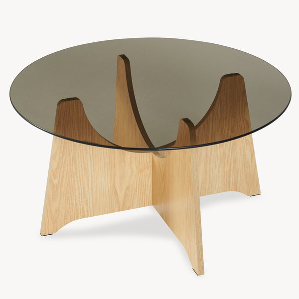 Salontafel 'Omlar' met glazen blad rond Ø70 x 35 cm eikenlook / rookgrijs