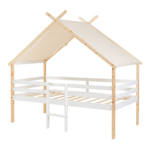 Lit cabane Surnadal avec matelas à mousse froide bois de pin 90 x 200 cm naturel blanc beige [en.casa]