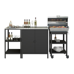 Tuinmeubelset Bolognano 3-delig kast rek serveerwagen staal zwart casa.pro