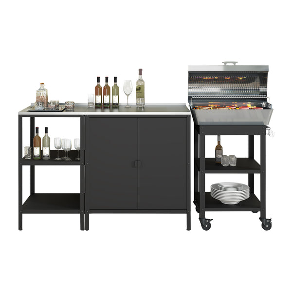 Tuinmeubelset Bolognano 3-delig kast rek serveerwagen staal zwart casa.pro