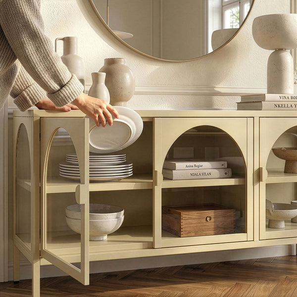 Buffet vitrine Klippestad acier verre 118 x 35 x 55 cm camel [en.casa]