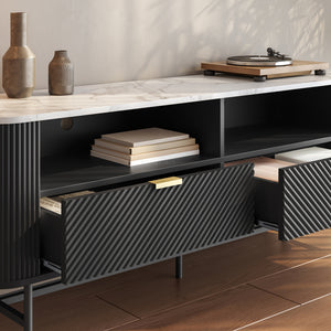 Meuble TV bas Olvehok 140x40x55 cm Noir/effet marbre, blanc [en.casa]