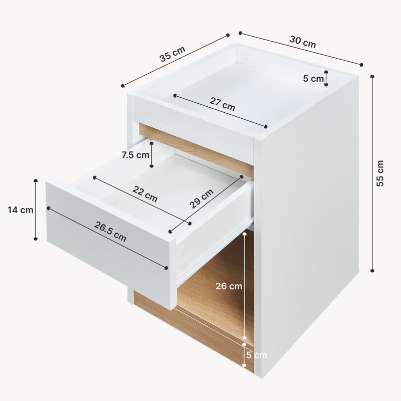 Croquis coté Table de chevet Lure 55 x 30 x 35 cm blanc effet chêne [en.casa]