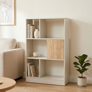 Bibliothèque Karena 112x70x30 cm Crème blanc/Aspect chêne [en.casa]