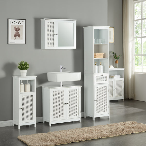 Armoire murale de salle de bain Karlsøy avec miroir MDF PVC effet rotin 50 x 60 x 15 cm blanc [en.casa]