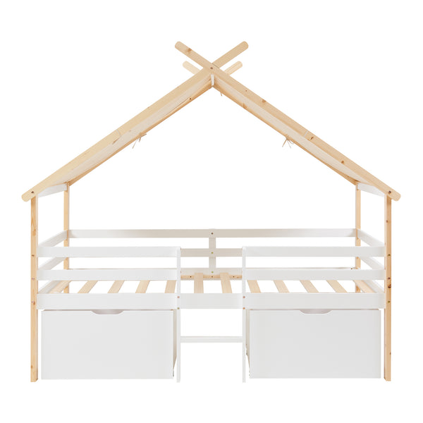 Lit cabane Surnadal avec matelas à mousse froide bois de pin 90 x 200 cm naturel blanc beige [en.casa]