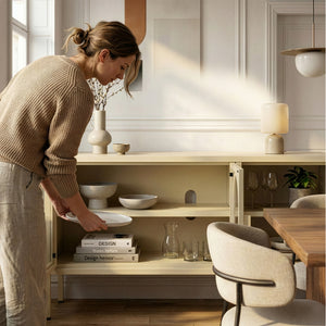 Buffet vitrine Klippestad acier verre 118 x 35 x 55 cm camel [en.casa]