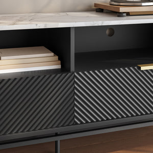 Meuble TV bas Olvehok 140x40x55 cm Noir/effet marbre, blanc [en.casa]