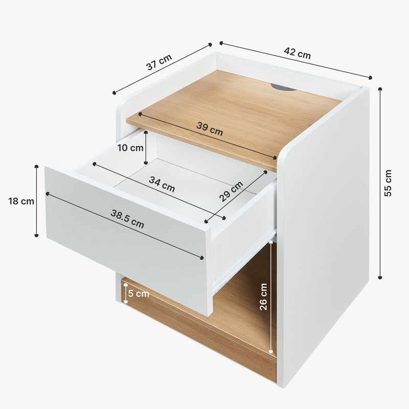 Croquis coté Table de chevet Kuorshare 55 x 42 x 37 cm blanc effet chêne [en.casa]