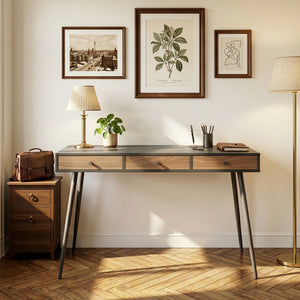 Bureau avec 3 tiroirs Tumba 76 x 115 x 48 cm noir effet noyer [en.casa]
