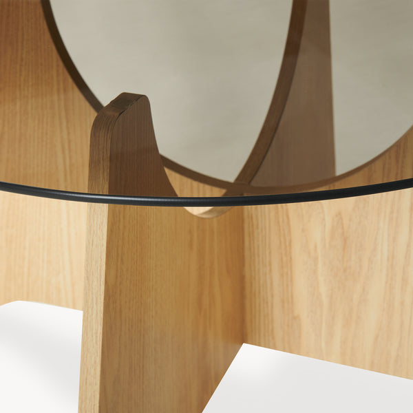 Salontafel 'Omlar' met glazen blad rond Ø70 x 35 cm eikenlook / rookgrijs