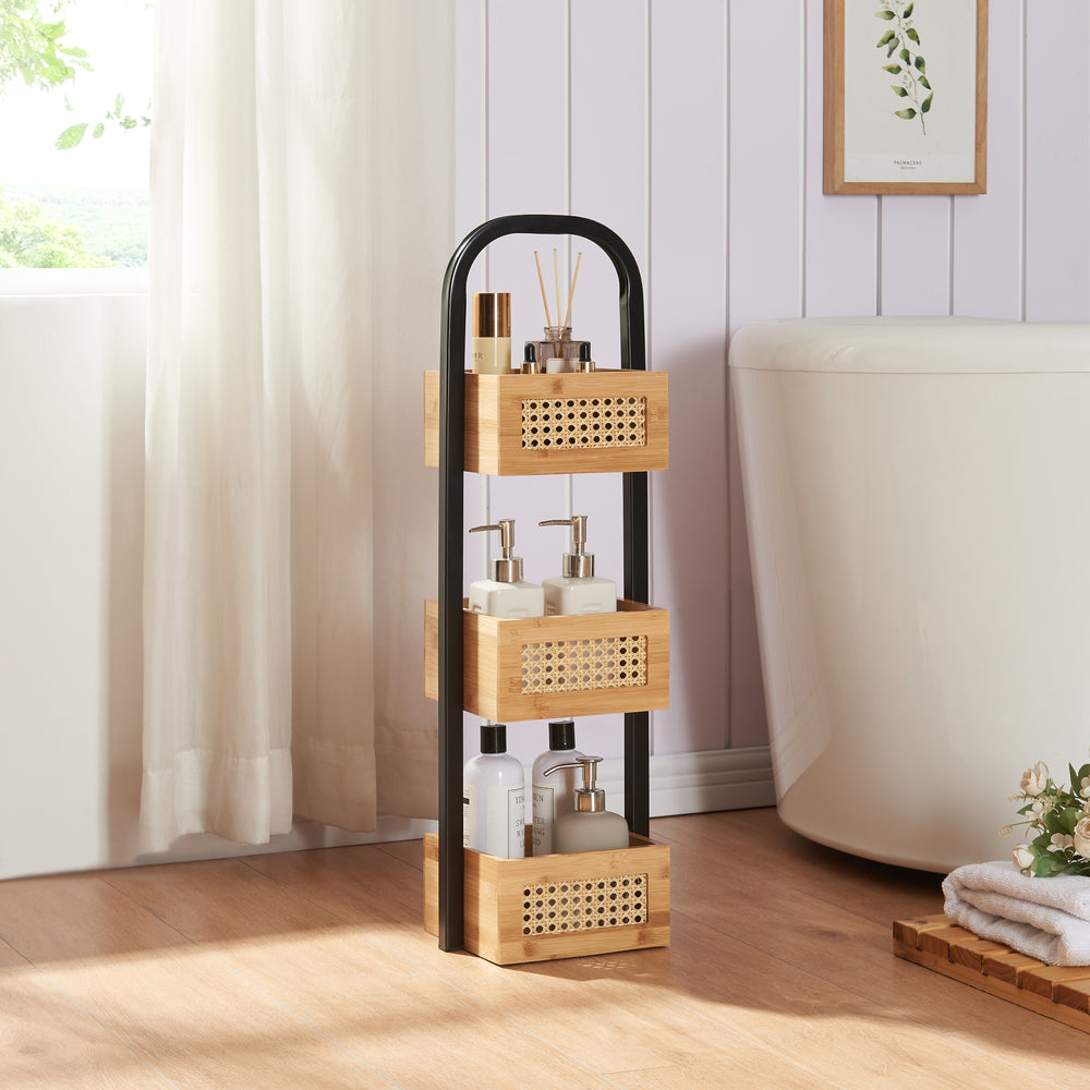 Étagère de salle de bain Tervola 73x23x19 cm Noir/Bambou [en.casa] - premiumXL