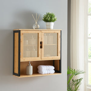 Badkamerkast Tervola zwevend 60x60x20 cm zwart naturel en rotan look [en.casa]