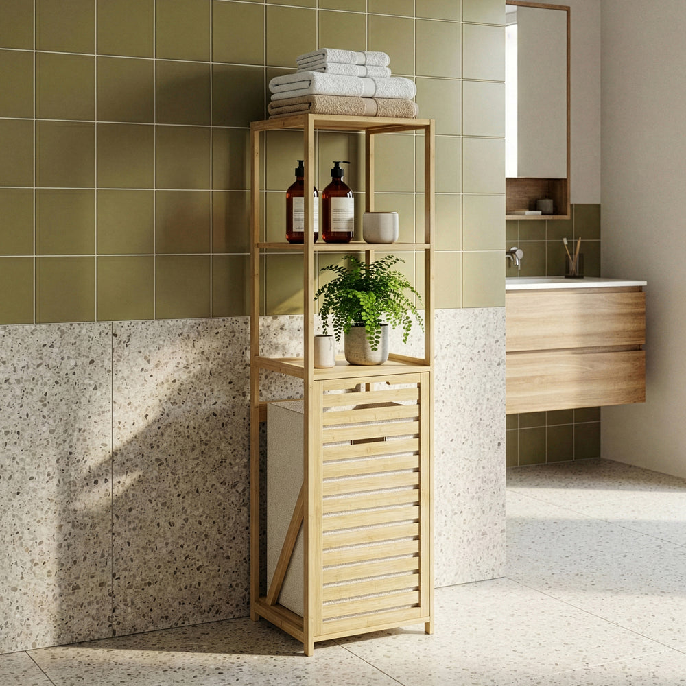 Étagère de salle de bain avec panier à linge Anun 130 x 36 x 33 cm bambou effet bois [en.casa]