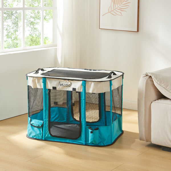 Parc pour chiens Mörbylånga pliable bleu beige [en.casa]