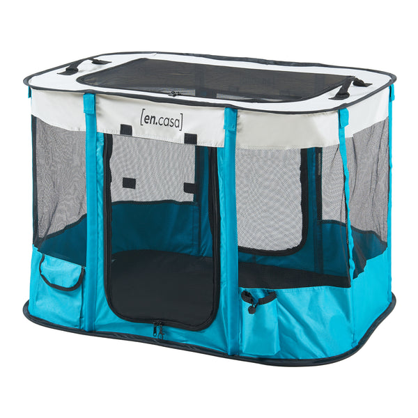 Parc pour chiens Mörbylånga pliable bleu beige [en.casa]