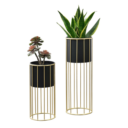 Support de pots de fleurs Mortsel lot de 2 métal noir - doré [en.casa] - premiumXL