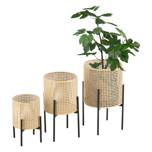 Bloempot op standaard Walhain set van 3 zwart en zandkleurig