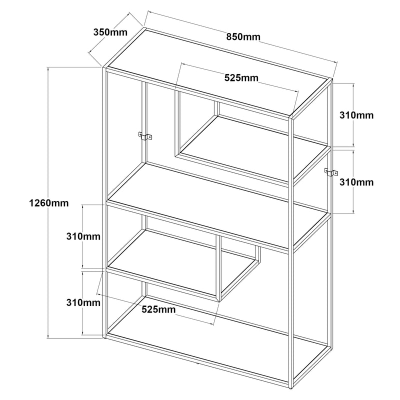 Croquis coté Bibliothèque Sievi 4 niveaux acier 126 x 85 x 35 cm [en.casa]