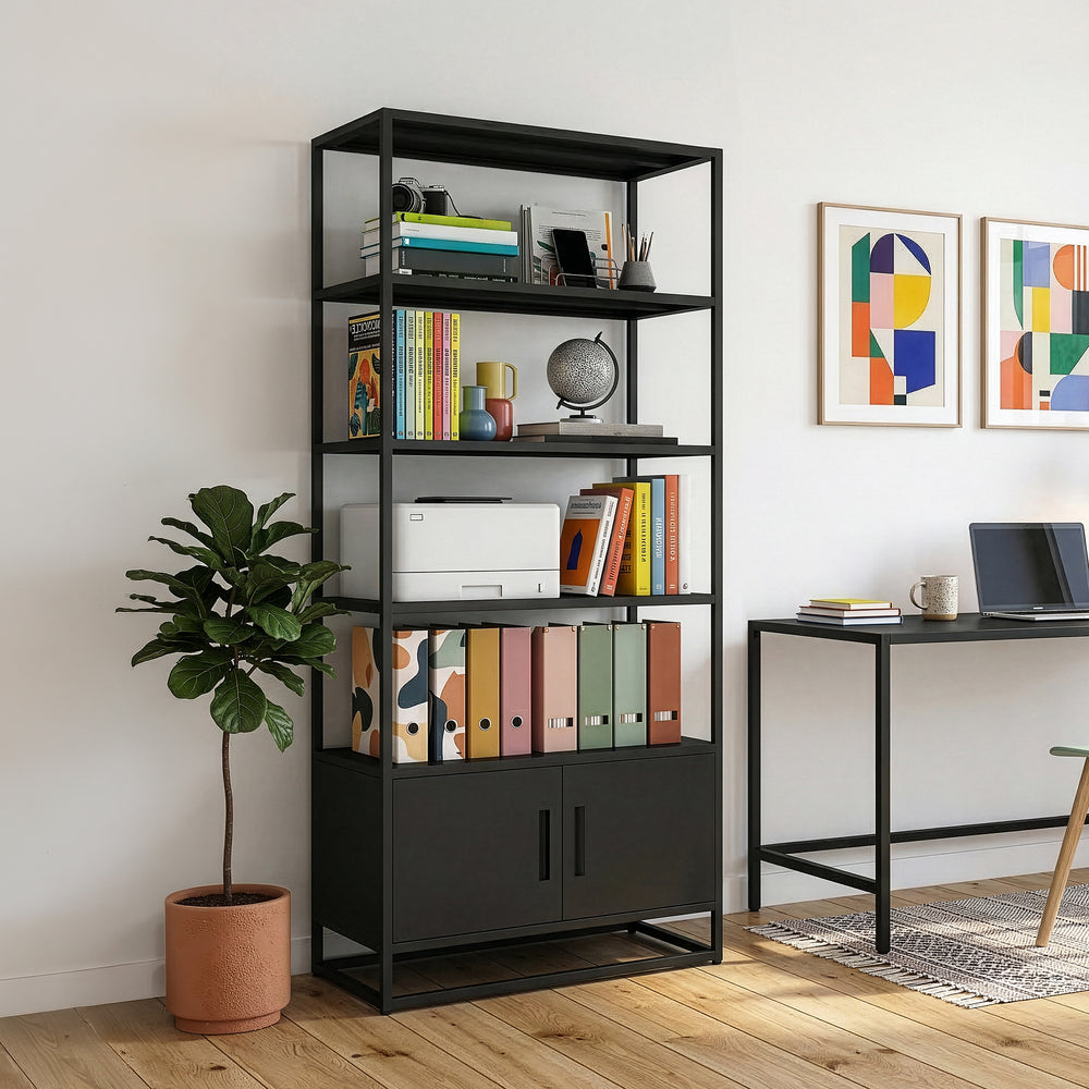 Bibliothèque avec armoire Hailuoto 80 x 40 x 180 cm acier noir mat [en.casa]