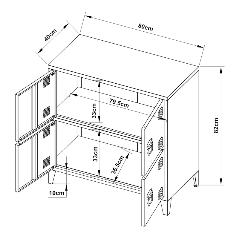Croquis coté Armoire de bureau métallique Hamina à 4 portes acier 82 x 80 x 40 cm [en.casa]