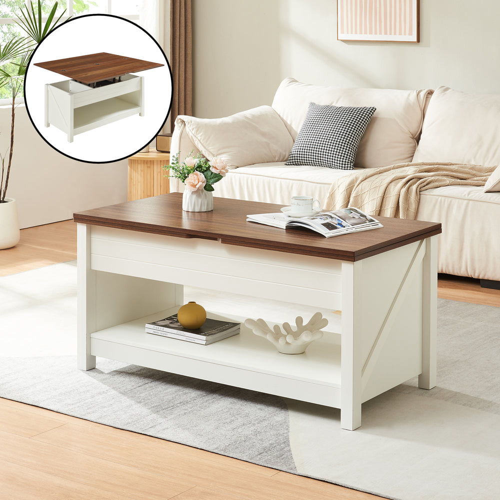 Table basse Kasama avec plateau relevable et espace de rangement 110x55x54 cm aspect noyer/blanc [en.casa] - premiumXL