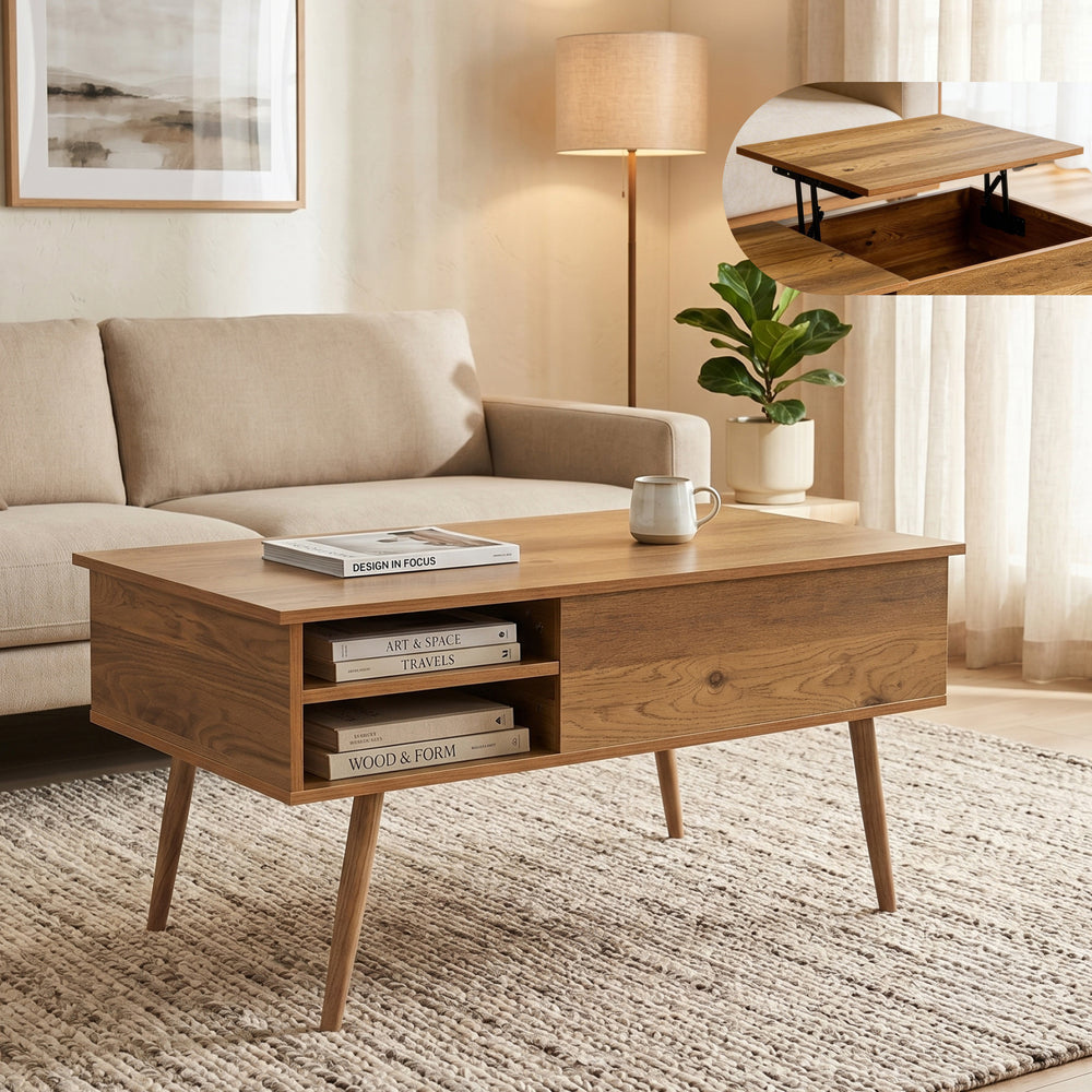 Table basse Vasdabod avec plateau relevable 96 x 59 x 50 cm effet chêne [en.casa]