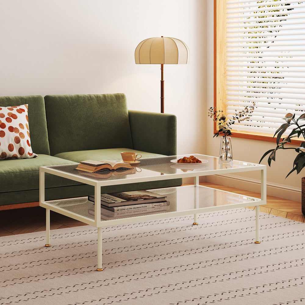 Table basse Lindau acier avec plateau en verre 100x50x46 cm blanc crème [en.casa] - premiumXL
