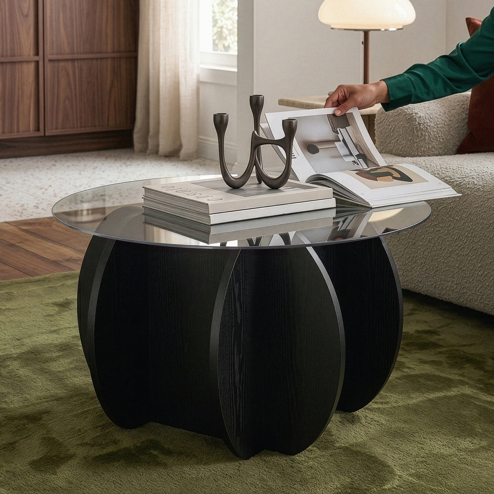 Salontafel Karhuvandi met glazen blad Ø70x40 cm Zwart/Grijs [en.casa]