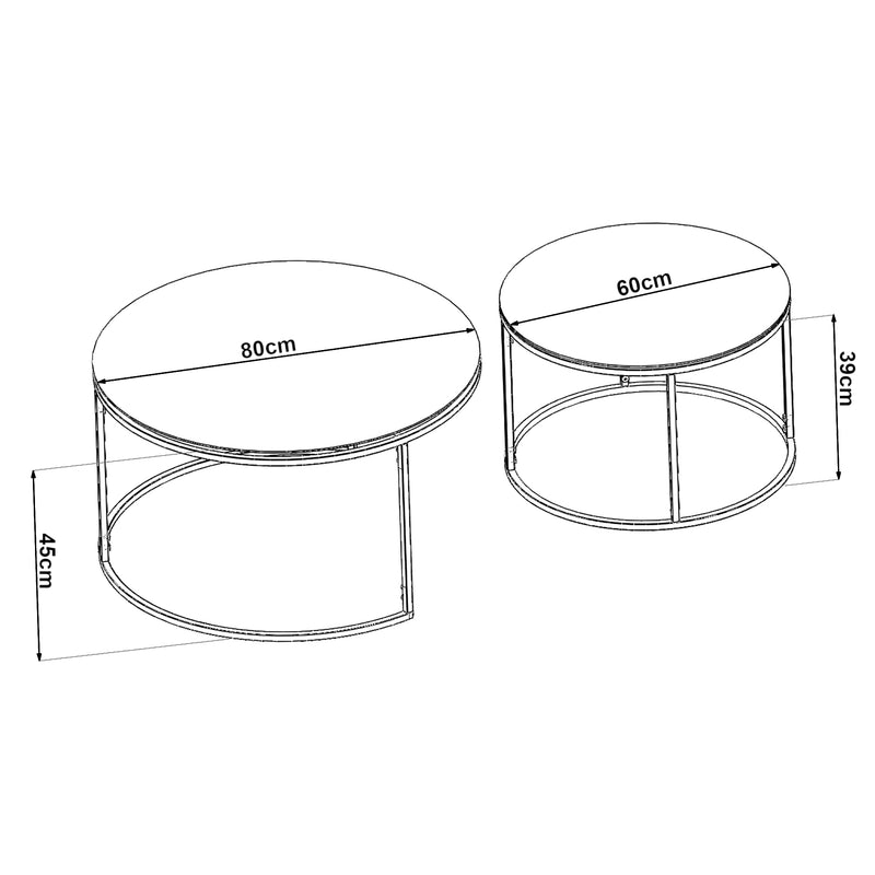 Croquis coté Set de 2 tables basses Kokkola rondes gigognes en verre [en.casa]