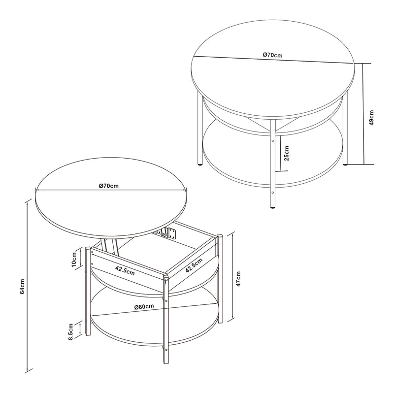 Croquis coté Table basse Kandas avec surface relevable [en.casa]