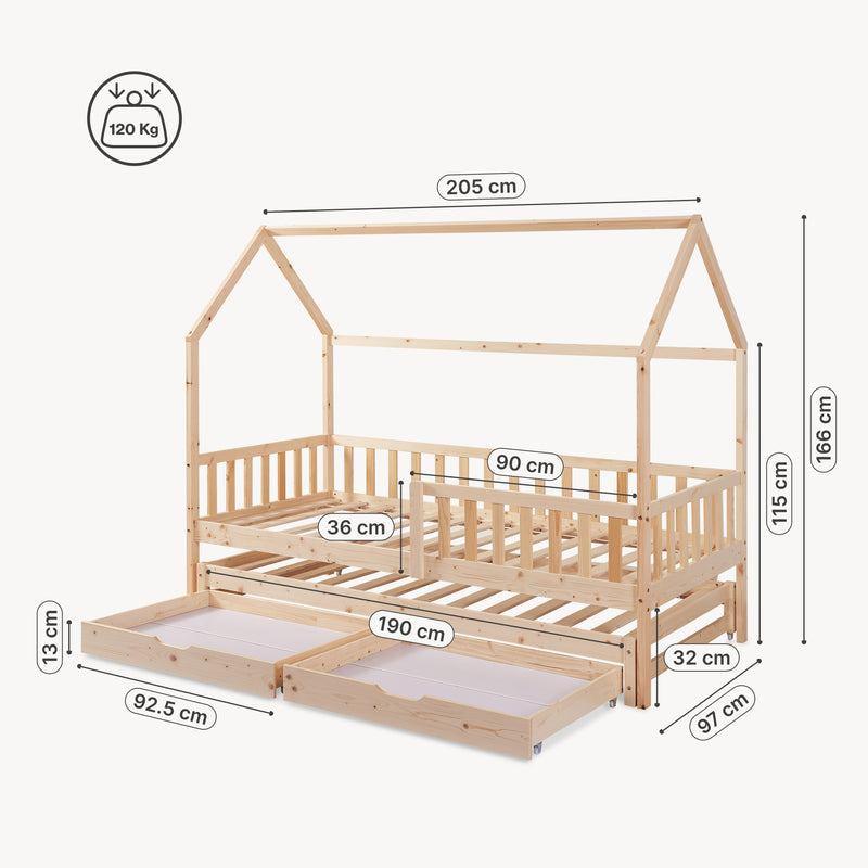 Croquis coté Lit d'enfant double extensible Aarghonmaa 90 x 200 cm [en.casa]