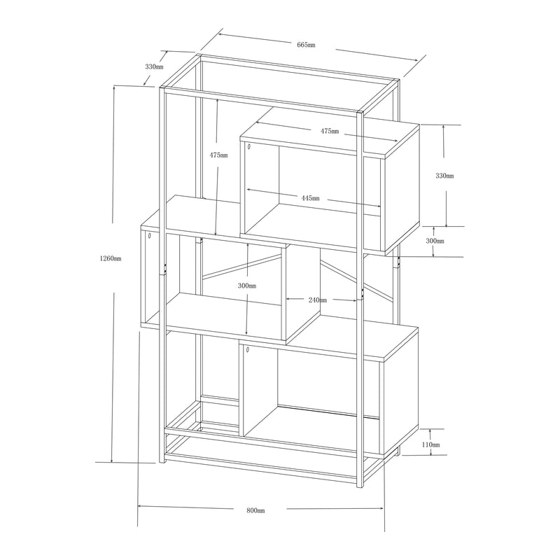 Croquis coté Étagère autoportante Rennebu acier noir effet chêne [en.casa]