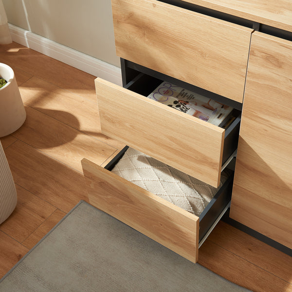 Commode Kyr met deuren en lades zwart en eikenkleurig [en.casa]
