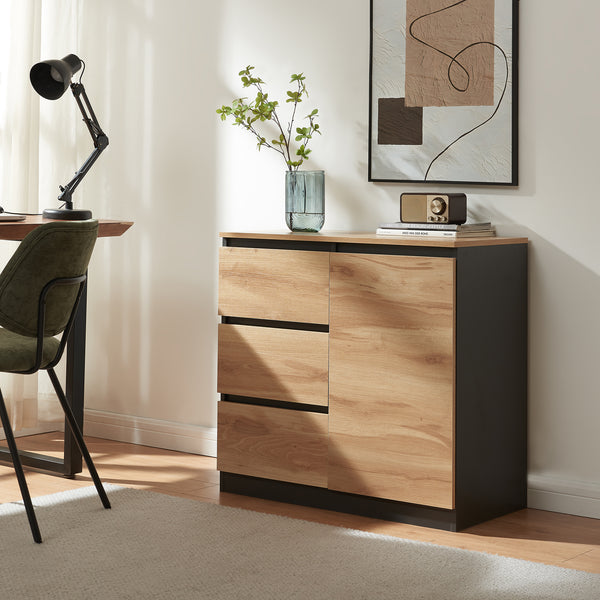 Commode Kyr met deuren en lades zwart en eikenkleurig [en.casa]