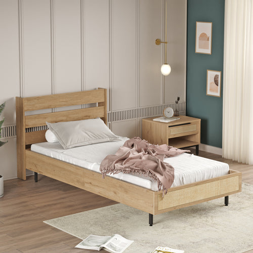 Eenpersoonsbed Kvænangen 100x200 cm eiken - /rotan - look [en.casa] - premiumXL