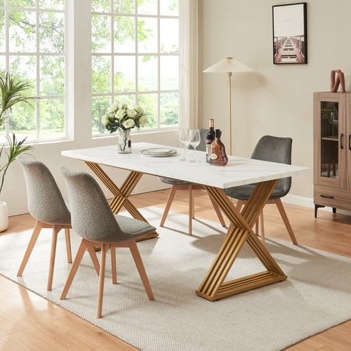 Table à manger Hujaari pour 6 personnes effet marbre blanc / doré [en.casa] 
