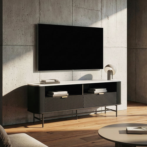 Meuble TV Olvehok 140 x 40 x 55 cm effet marbre blanc noir [en.casa]