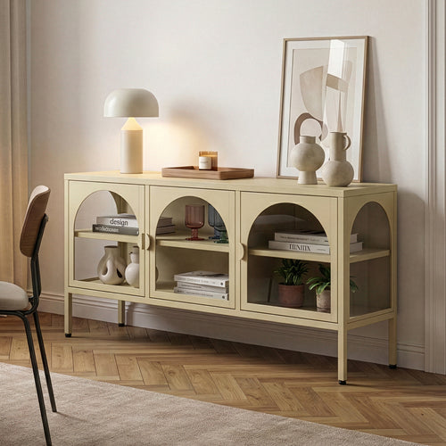 Buffet vitrine Klippestad acier verre 118 x 35 x 55 cm camel [en.casa]