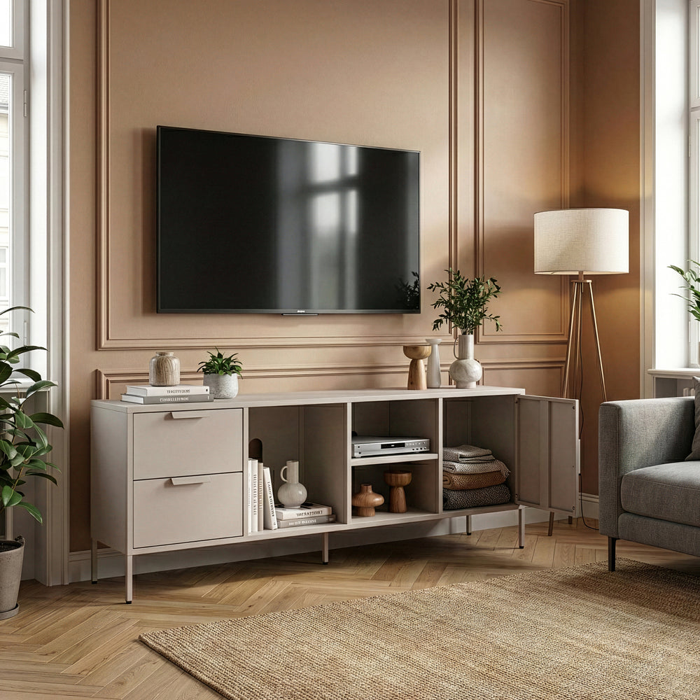 Meuble TV Kliri acier 150 x 35 x 58 cm camel [en.casa]